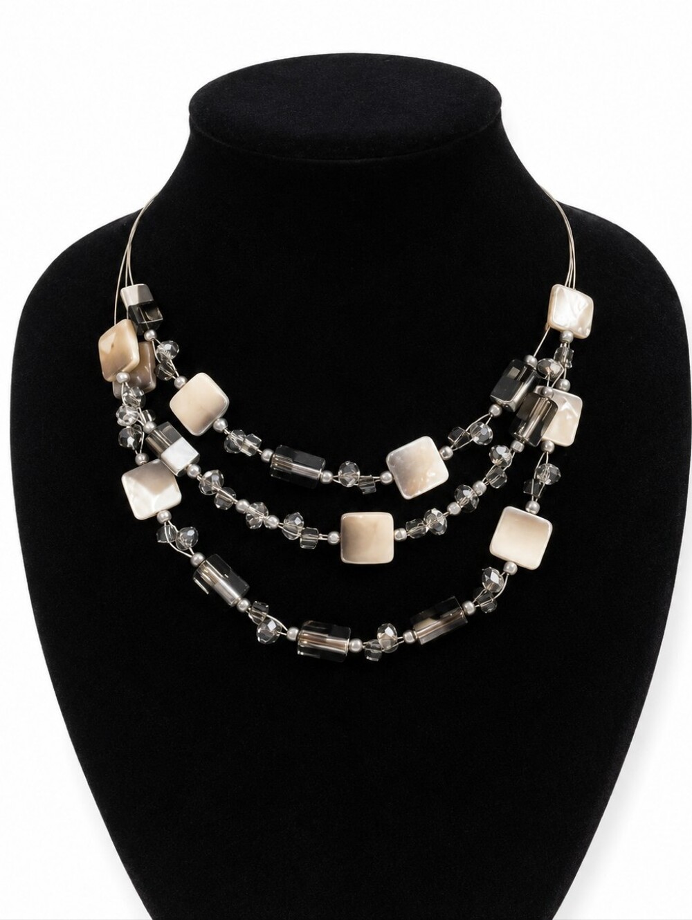 Silver Tone Multi Strand Beaded Statement Necklace Gray Ivory Geometric